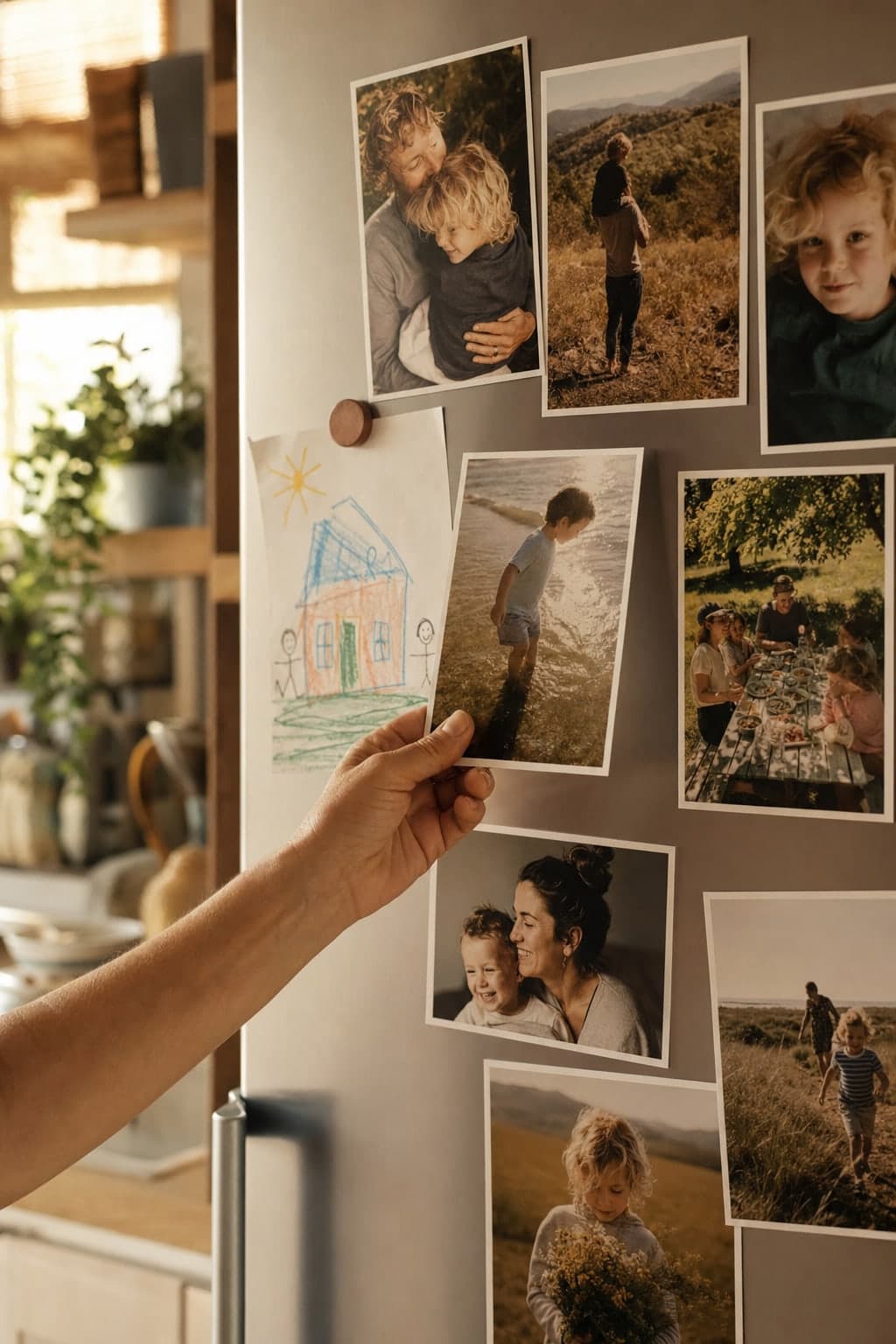 A hand holding a photo print against a fridge covered in family prints