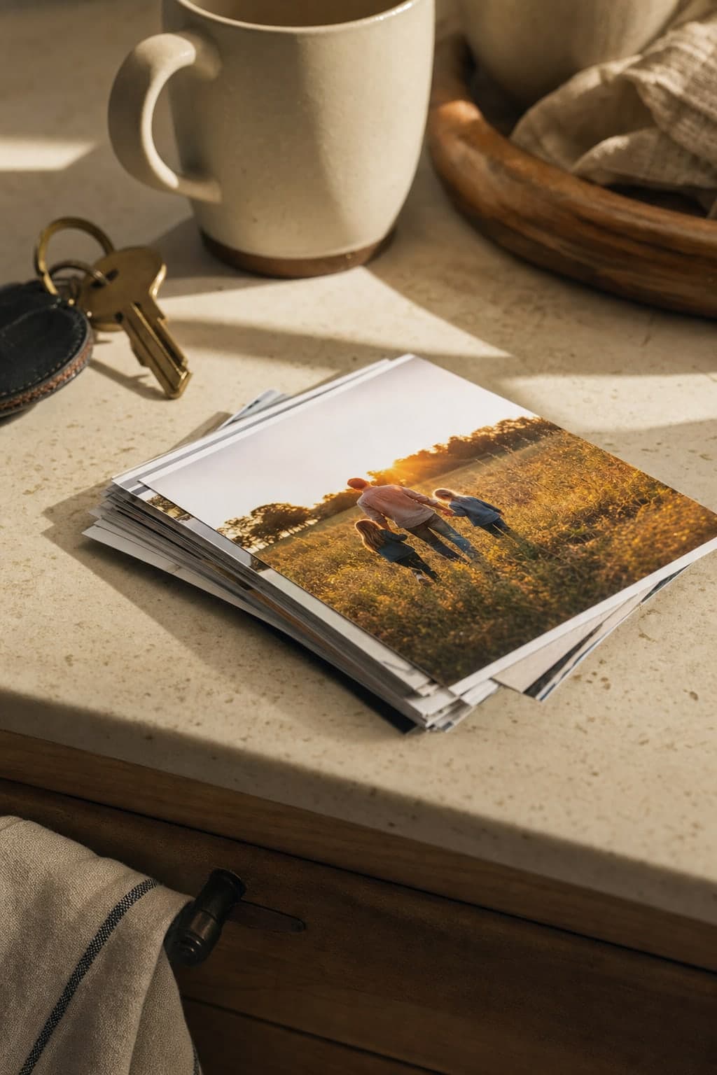 A stack of photo prints on a kitchen counter beside keys and a mug