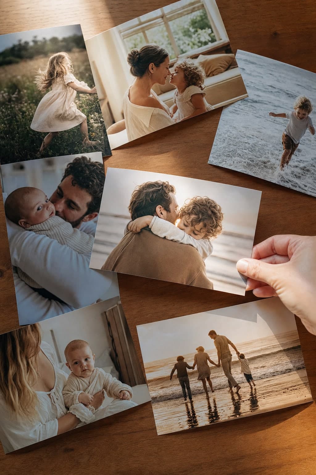 A spread of family photo prints on a wooden table
