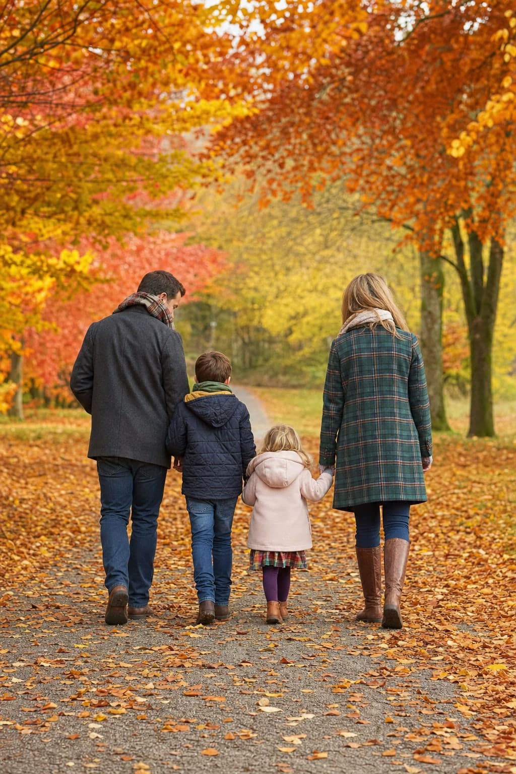 A family walking away down a path in autumn leaves