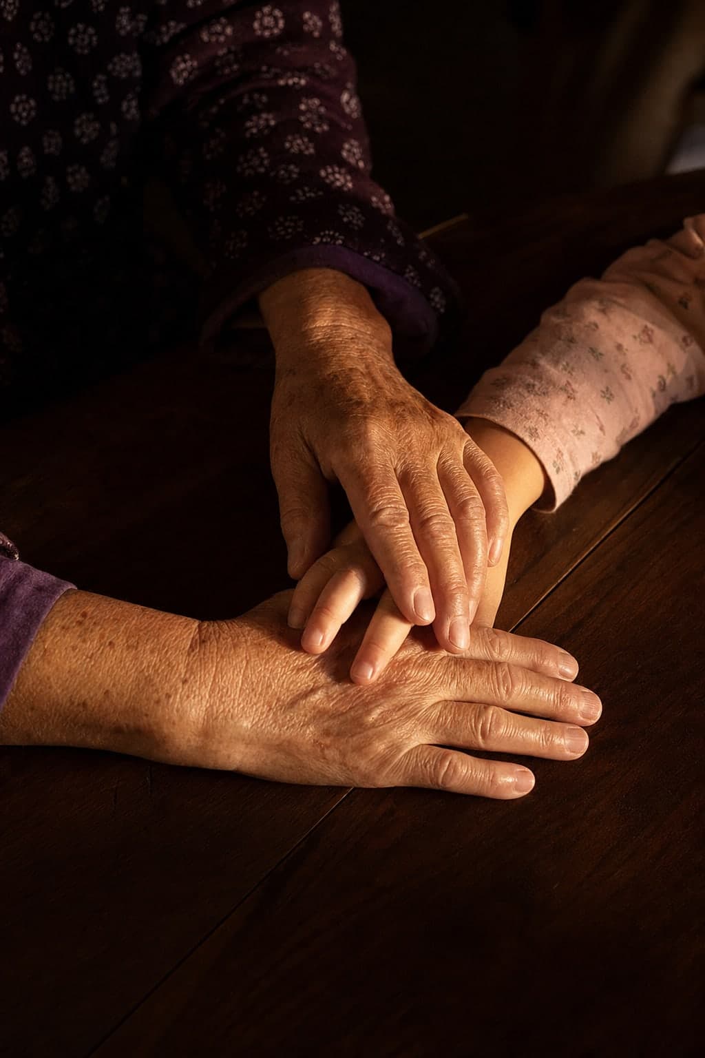 A grandmother's and a child's hands resting together on a table