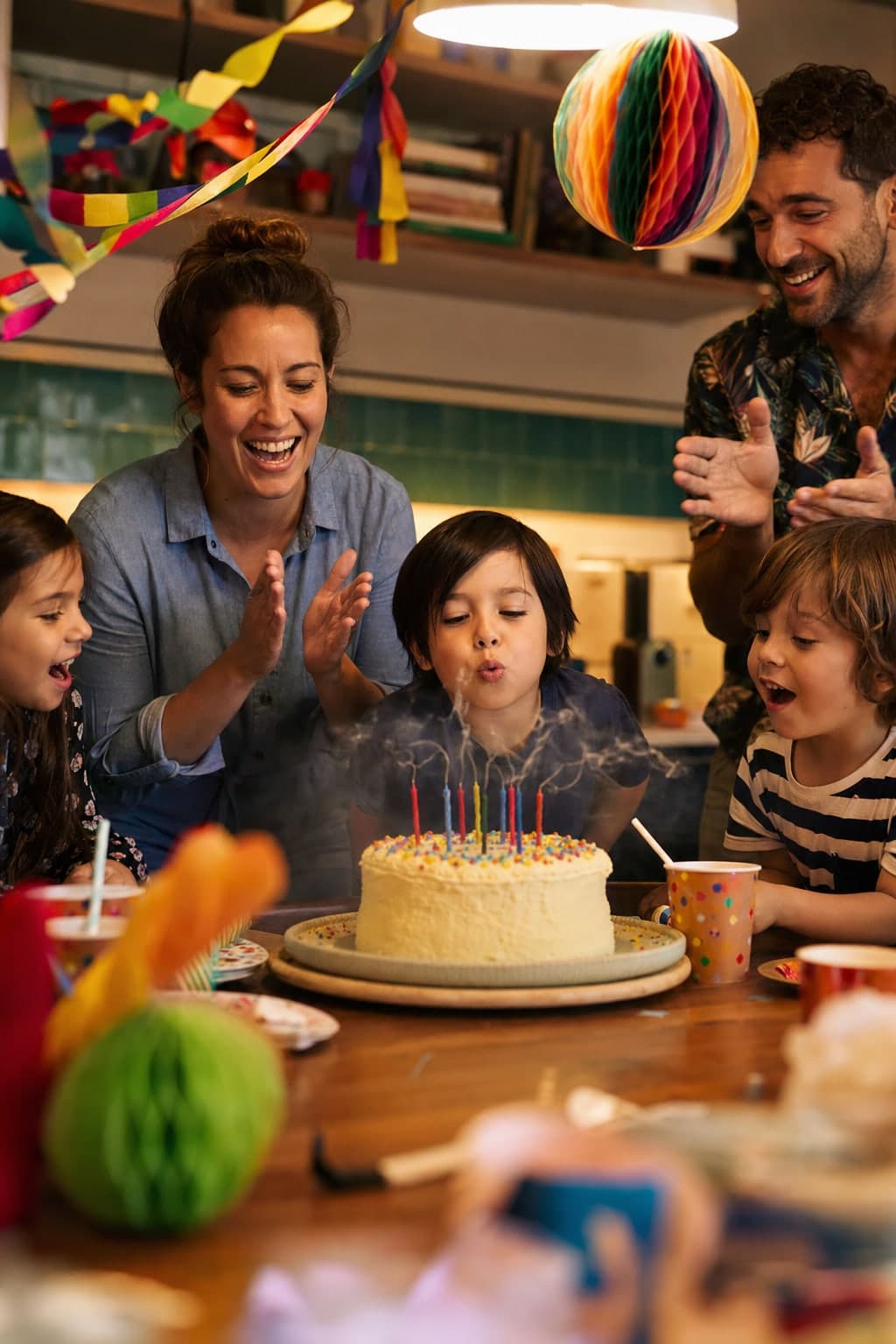 A child blowing out candles at a birthday party