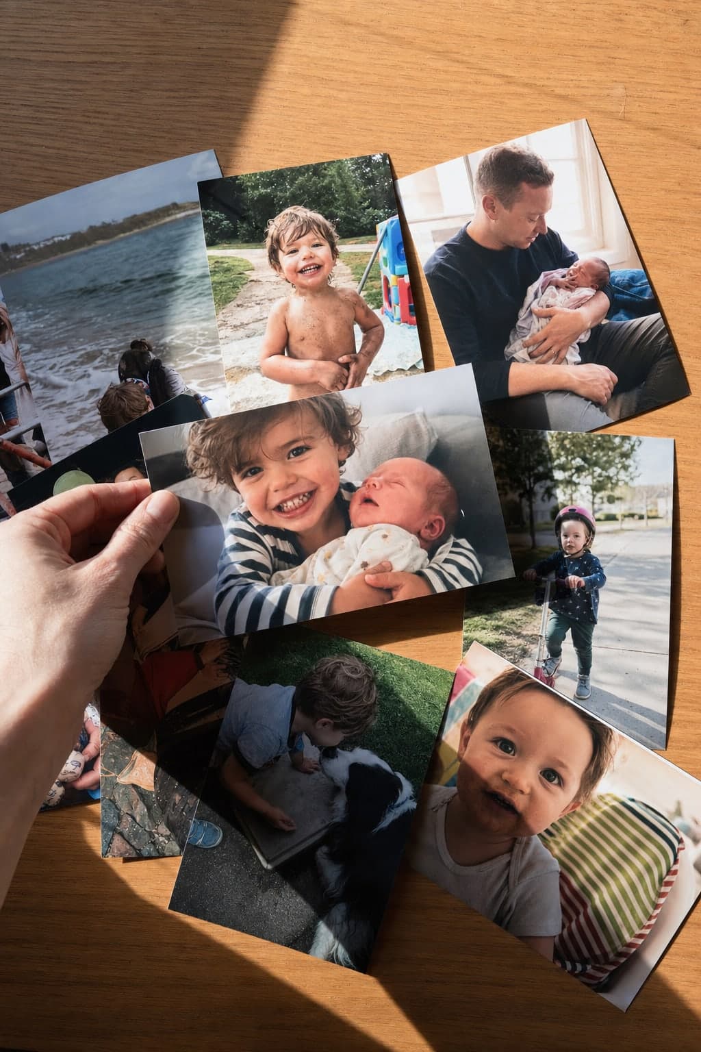 A spread of family photo prints on a wooden table