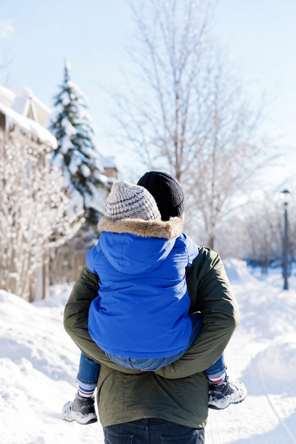 A parent carrying a child piggyback along a snowy path