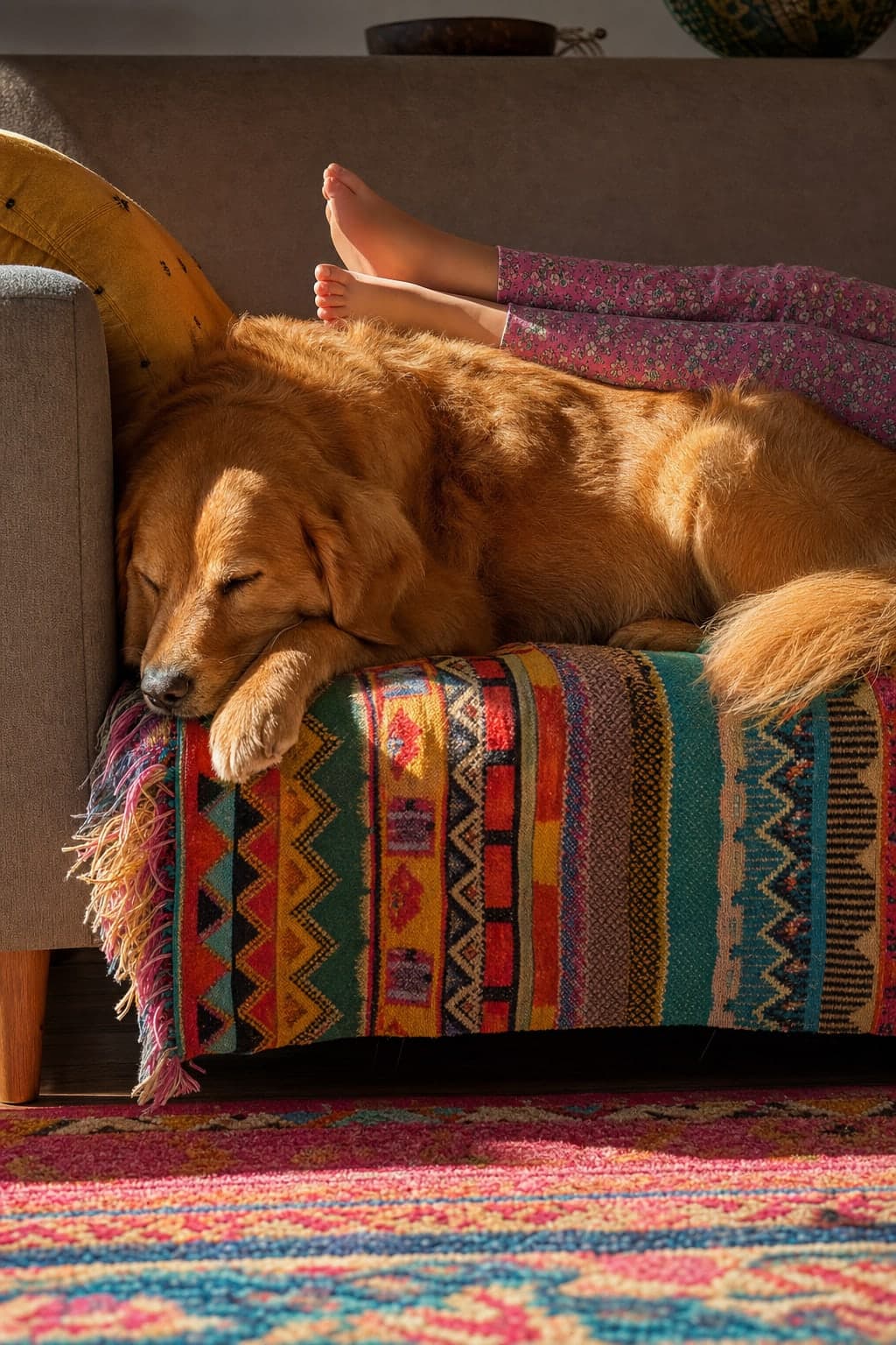 A dog asleep on a couch with a child's legs resting across it